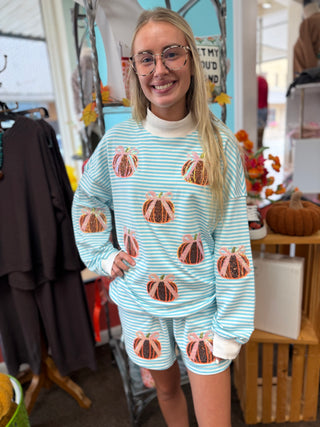 Glam Blue Stripe Pumpkin Oversized Mock Neck Sweatshirt Set