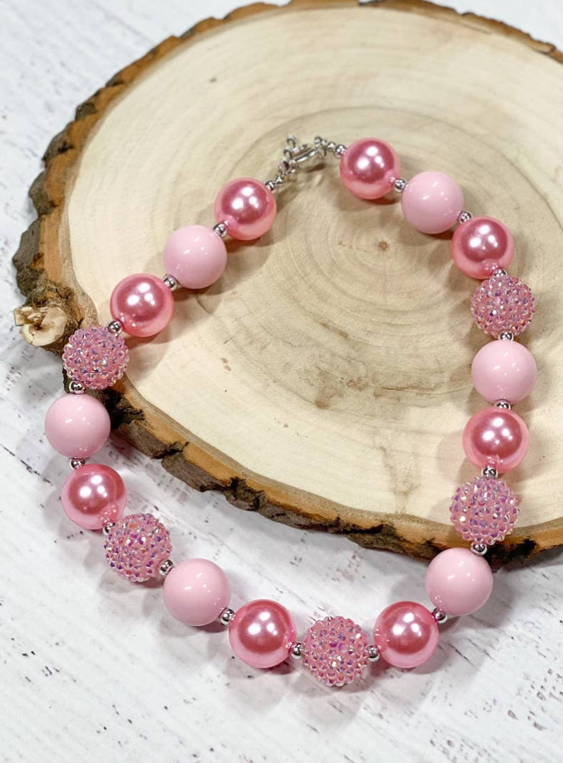 Girls Pink Rhinestone Chunky Bead Necklace