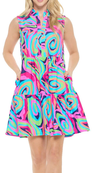 Laison Sleeveless Tiered Dress Pink Swirls