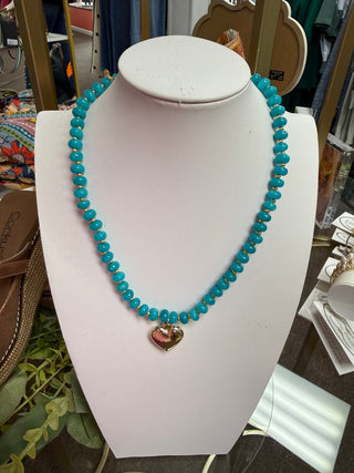 Turquoise Beaded Necklace W/ Gold Heart