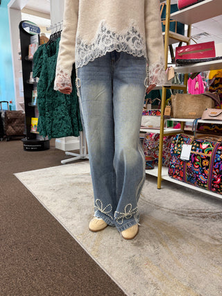 Pearl & Lace Trim Wide Leg Jeans