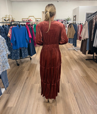 Castielle Velour Cinched Waist Maxi Dress-Salmon Orange