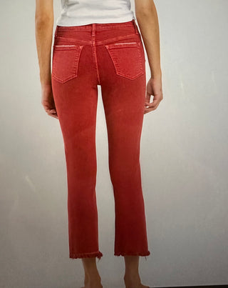 Vervet Mid Rise Frayed Hem Crop Slim Straight Red