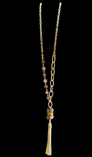 Gold Long Necklace With Beads & Tassel