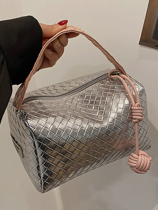 Silvery Lattice Ball Decor Weaven Handle Cosmetic Bag