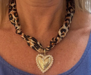 Cheetah Print Knotted Scarf Necklace W/ Charm