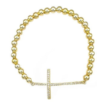 Gold Pave Long Cross Stretch Bead Bracelet