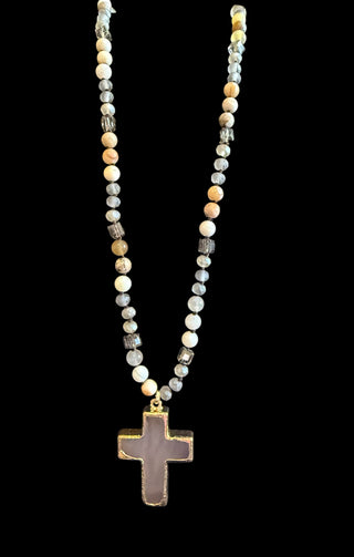 Long Cross Necklace With Grey Beads