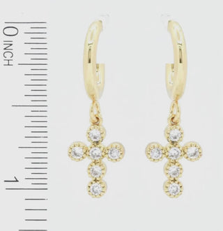 Gold W/ Crystal Studded Cross Huggie Hoop Earrings