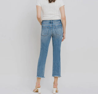 High Rise Stretch Distressed Cop Slim Straight Jean