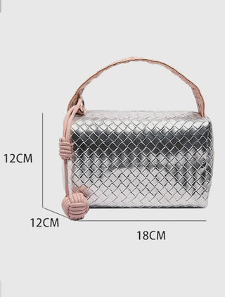 Silvery Lattice Ball Decor Weaven Handle Cosmetic Bag