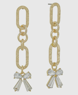 Gold Hammered Open Oval Rhinestone Bow Drop Earring