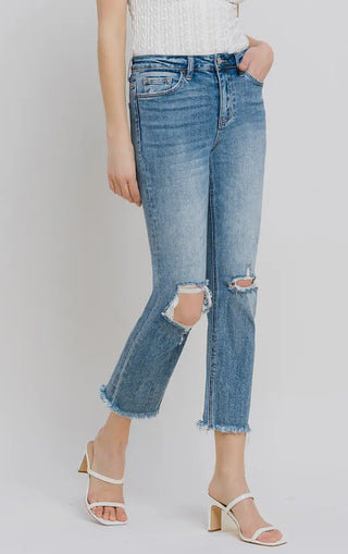 High Rise Stretch Distressed Cop Slim Straight Jean