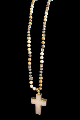 Long Cross Necklace With Brown Beads