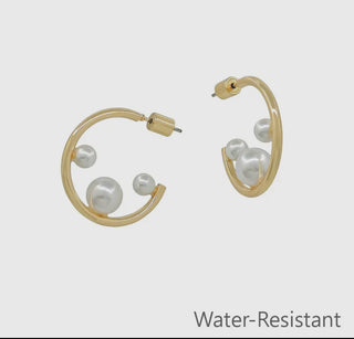 Water Resistant 1" Gold Hoop With 3 Pearls