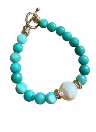 Aqua Bead & Pearl Toggle Bracelet