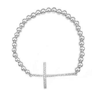 Silver Pave Long Cross Stretch Bead Bracelet