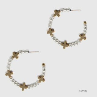 Pearl Hoop With Gold Crosses 2" Earrings