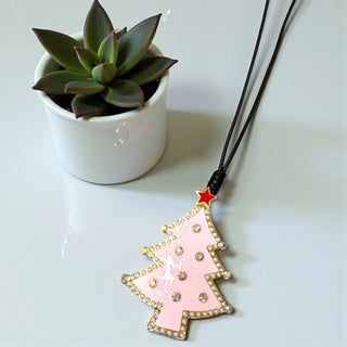 Leather Lariat Pink Christmas Tree Necklace