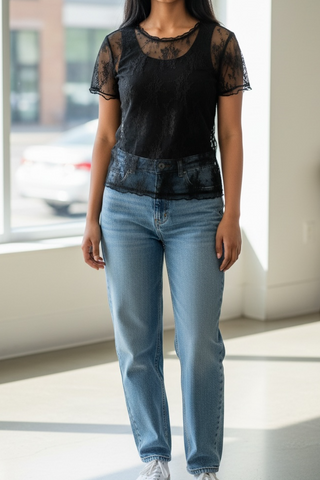 Lace Short Sleeve Top Black