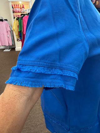 Double Fringe Hem Button Front Blue Top