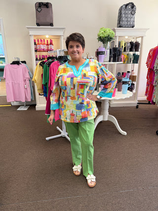 Colorful print top with Ribbon Trim