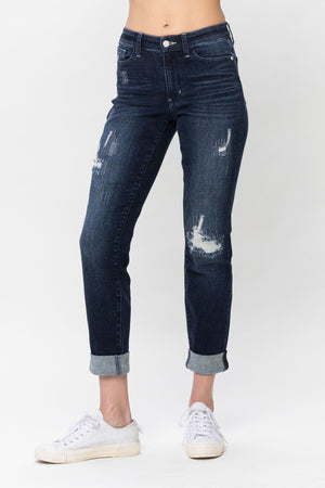 Judy Blue Mid Rise Stitched Destroy Double Cuff Boyfriend Jeans