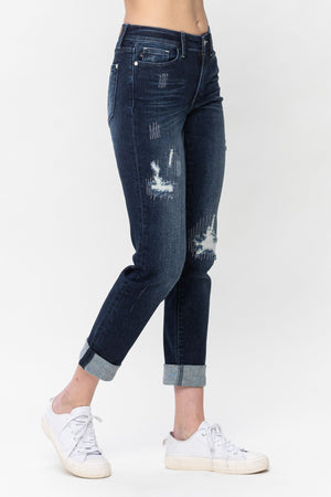 Judy Blue Mid Rise Stitched Destroy Double Cuff Boyfriend Jeans