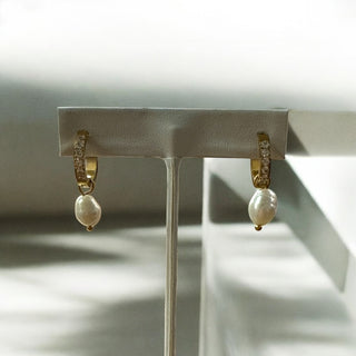 CZ Inlay & Pearl Drop Gold Earring