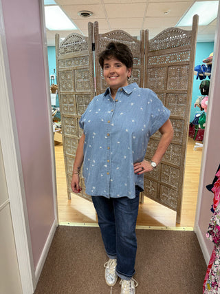 Chambray Embroidered Floral Button Down