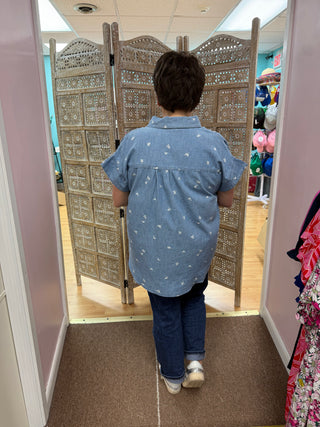 Chambray Embroidered Floral Button Down