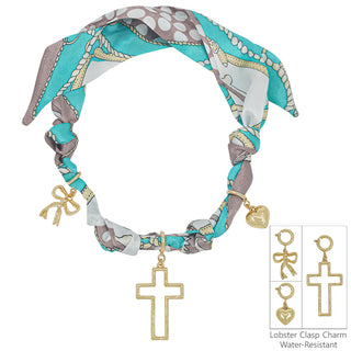 Blue/White Knotted Scarf Necklace Heart, Cross, Bow Charm