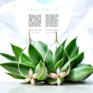 Gold Textured Open Teardrop with Pearl Cross 2" Earrings
