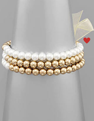 3 Row Pearl & Ball Bracelet Gold Cream