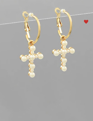 Pearl Cross Dangle Hoops