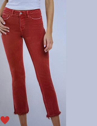 Vervet Mid Rise Frayed Hem Crop Slim Straight Red