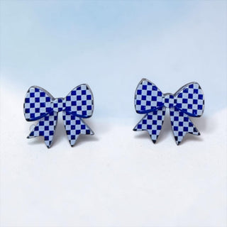Blue and White Check Bow Earring