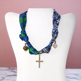 Blue Pink Green Knotted Scarf Necklace W/ Charms