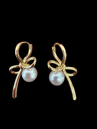 Gold Bow & Pearl Earrings