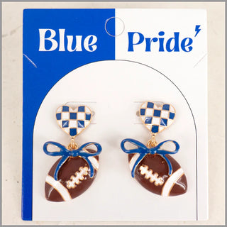 Blue & White Heart with Bow & Football Gameday Earring