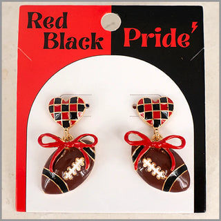 Red & Black Heart with Bow & Football Gameday Earring