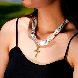 Scarf Necklace Beige/Navy W/ 1.25" Bubble Cross