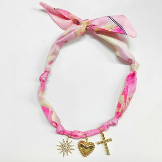 Scarf Necklace Hot Pink/White W/ Bubble Cross, Heart & Rhinestone Starburst