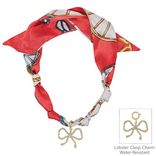 Red/White Knotted Scarf Necklace W/ Rhinestone Bow Charm