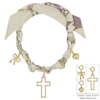 Cream/Natural Scarf Necklace Puffy Heart, Cross & Bow Charm