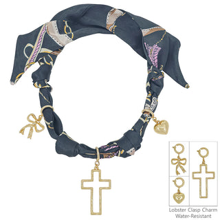 Black Knotted Scarf Necklace Puffy Heart, Cross & Bow Charm