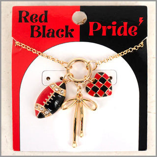 Red/Black Gameday Charm Necklace W/ Football, Bow & Heart 16-18"