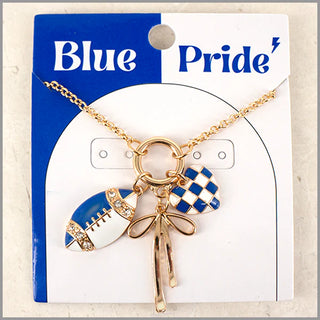 Blue/White Gameday Charm Necklace W/ Football, Bow & Heart 16-18"