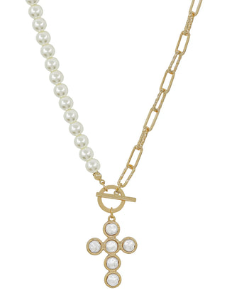 Gold & Pearl Chain With Pearl Cross 16-18" Necklace