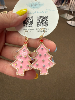 Pink Christmas Tree With Red Star Earrings